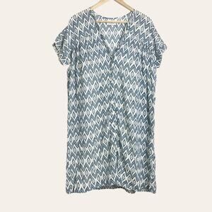 Stella Forest Blue White Geometric Ikat Print V-Neck Button Front Shift Dress L